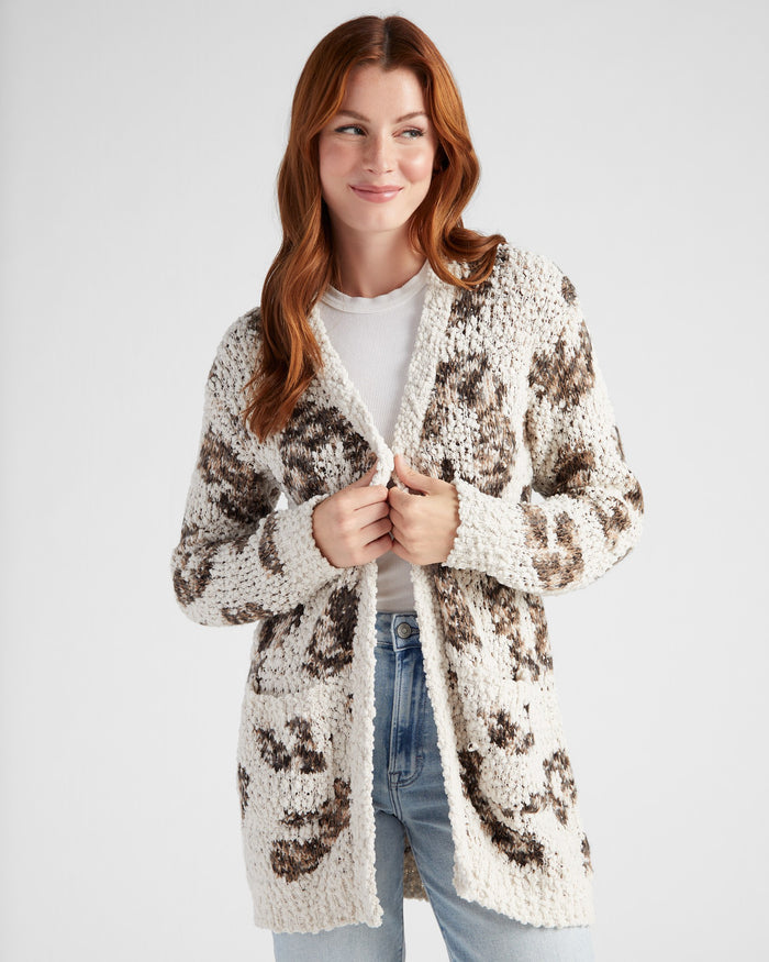 Oatmeal Leopard $|& B Collection by Bobeau Animal Popcorn Cardigan - SOF Front