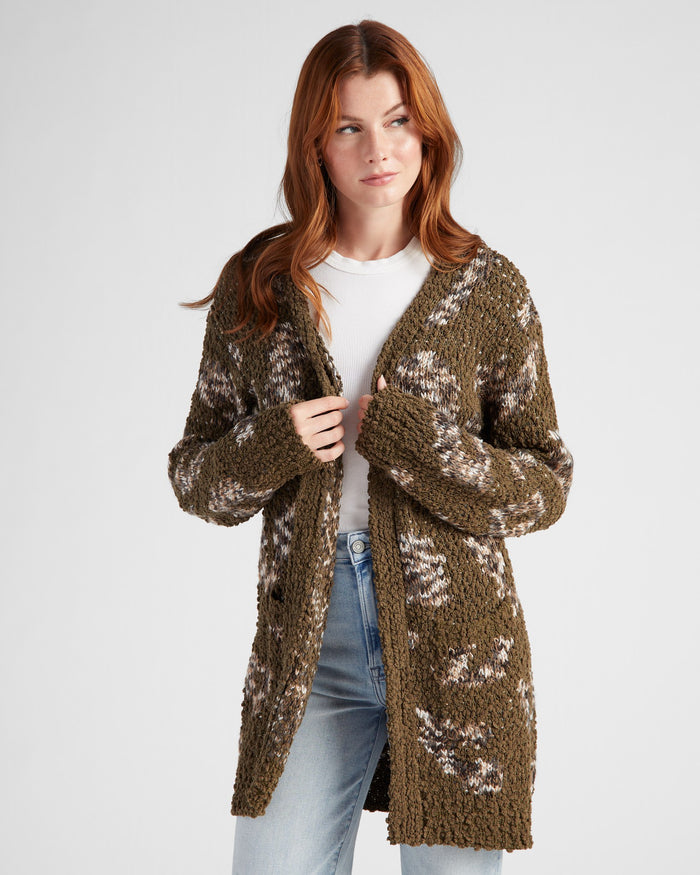 Olive Leopard $|& B Collection by Bobeau Animal Popcorn Cardigan - SOF Front