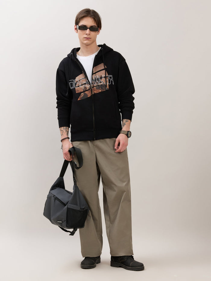 Apex - Relaxed Fit Printed Zipper Hoodies - Black