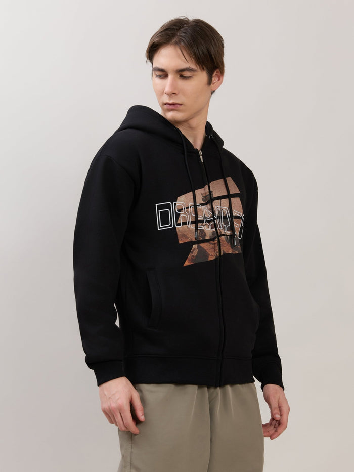 Apex - Relaxed Fit Printed Zipper Hoodies - Black