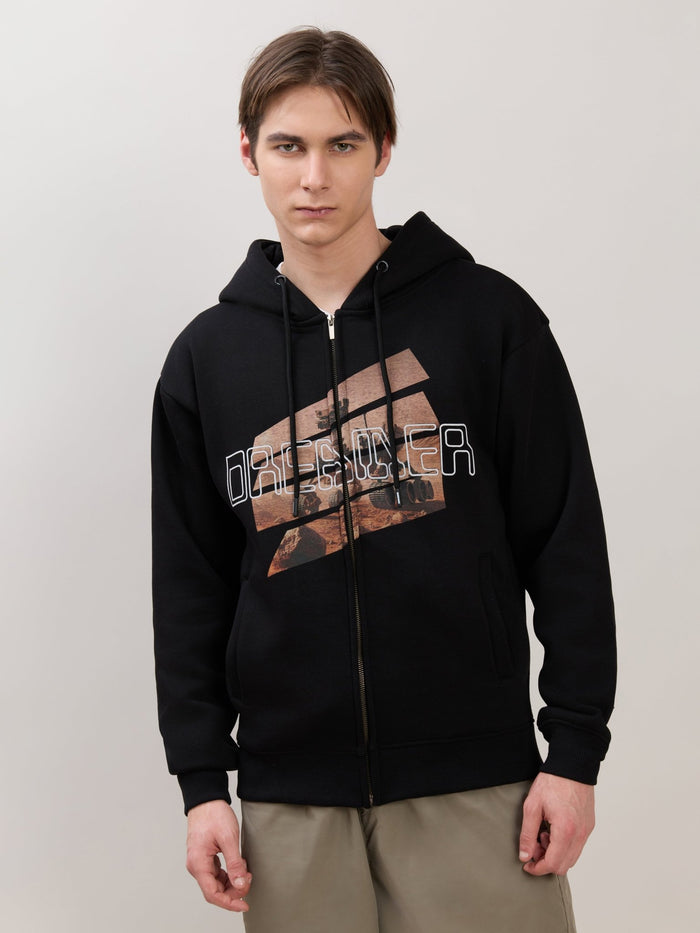 Apex - Relaxed Fit Printed Zipper Hoodies - Black
