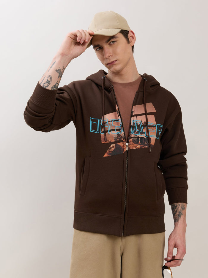 Apex - Relaxed Fit Printed Zipper Hoodies - Dark Brown