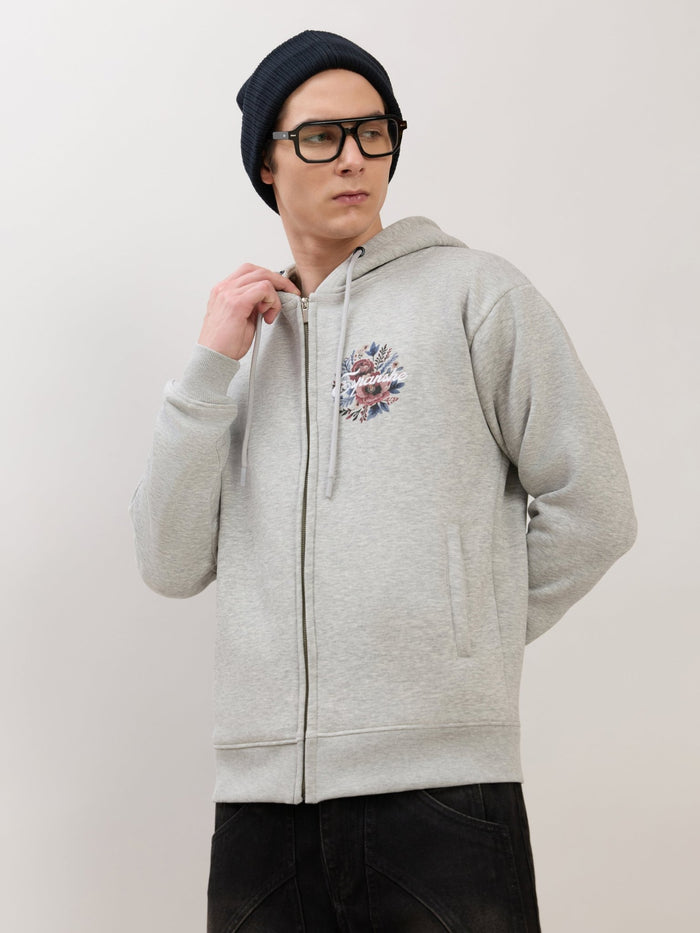 Apex - Relaxed Fit Printed Zipper Hoodies - Grey Milange