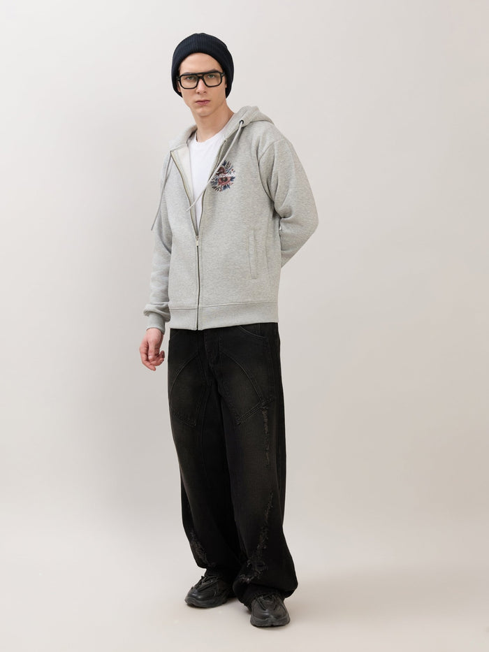 Apex - Relaxed Fit Printed Zipper Hoodies - Grey Milange