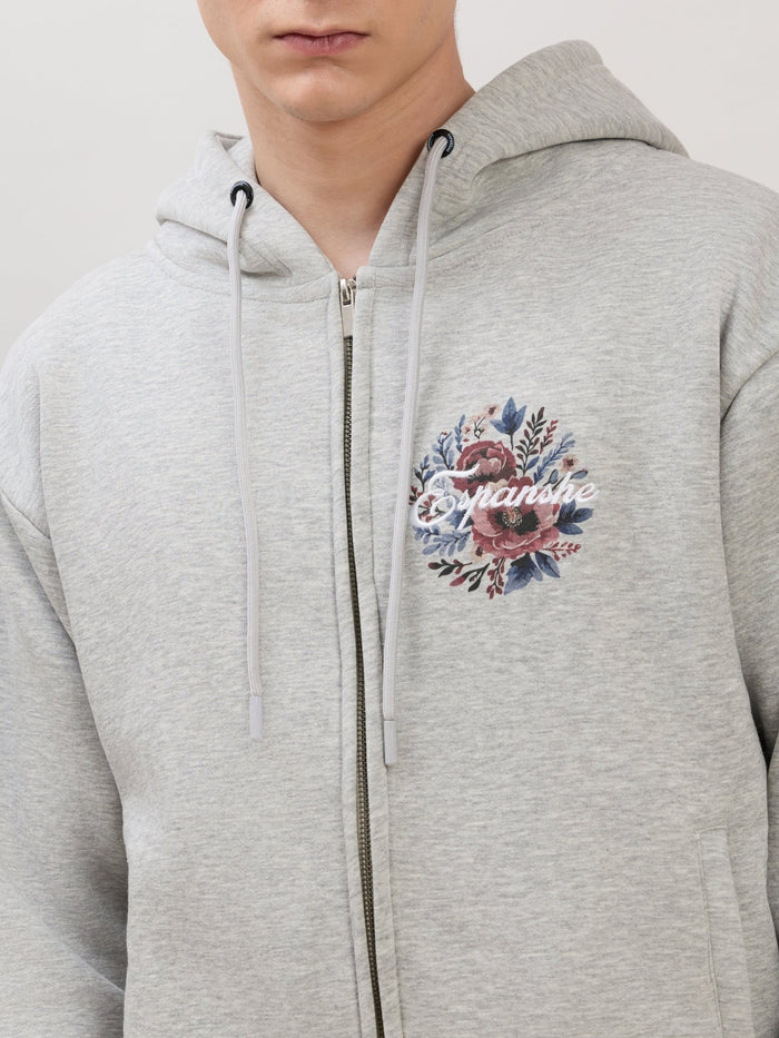 Apex - Relaxed Fit Printed Zipper Hoodies - Grey Milange