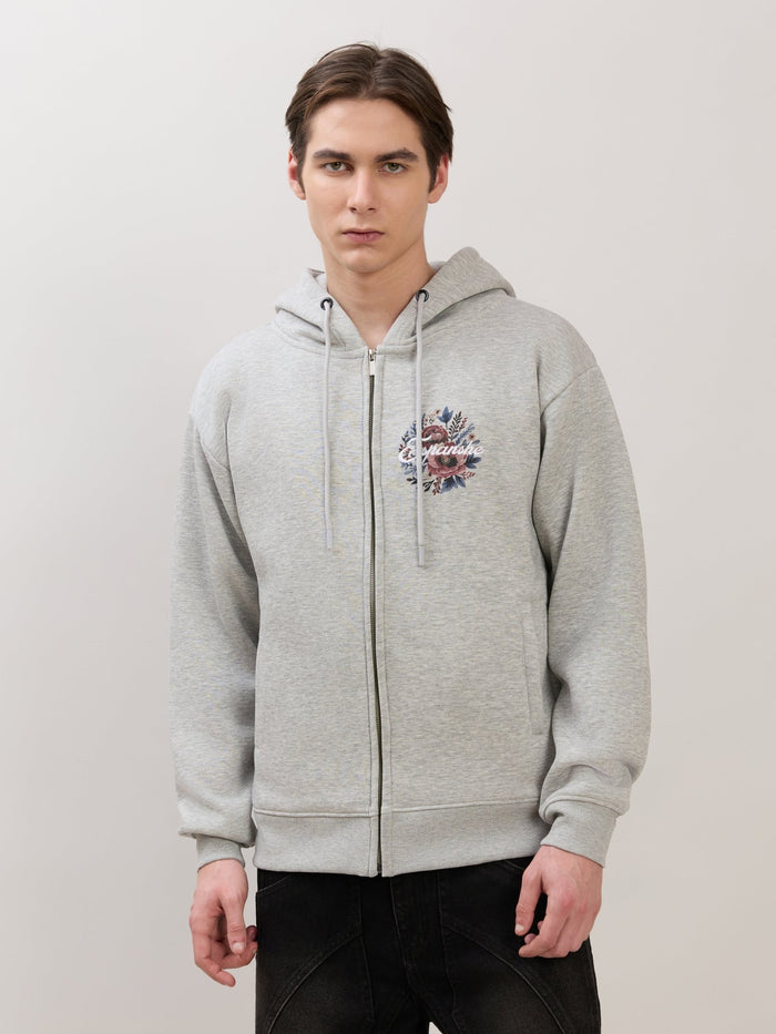 Apex - Relaxed Fit Printed Zipper Hoodies - Grey Milange
