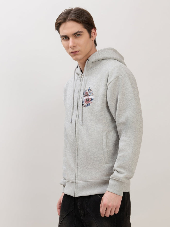 Apex - Relaxed Fit Printed Zipper Hoodies - Grey Milange