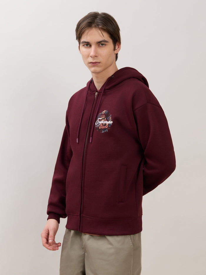 Apex - Relaxed Fit Printed Zipper Hoodies - Wine