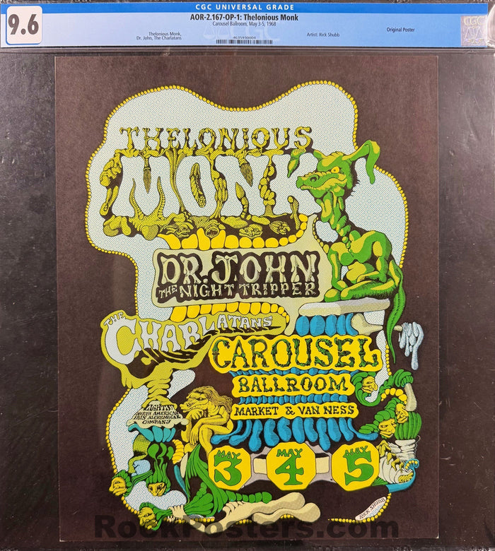 AUCTION - AOR 2.167 - Thelonious Monk - Dr. John - Rick Shubb - 1968 Poster - Carousel Ballroom - CGC Graded 9.6