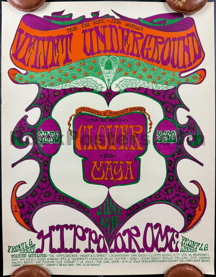 AUCTION -  AOR 3.98 - Velvet Underground - 1968 Poster - Hippodrome San Diego -  Excellent - SF Rock Posters & Collectibles