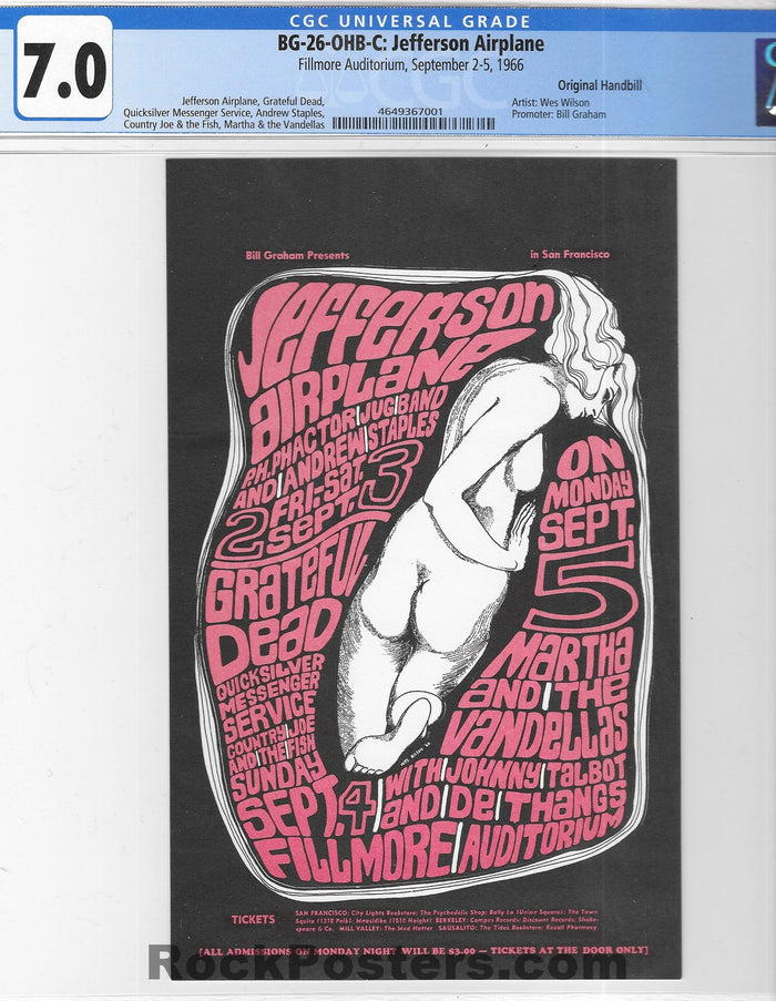 AUCTION -  BG-26 - Grateful Dead - Wes Wilson - 1966 Handbill - Fillmore Auditorium - CGC Graded 7.0