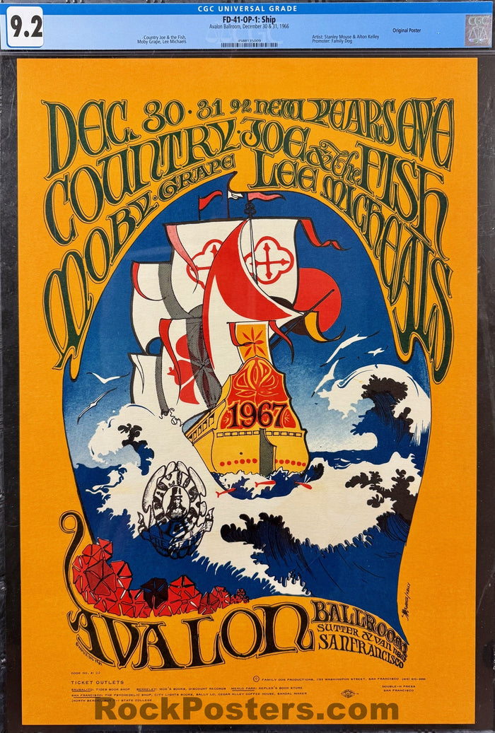 AUCTION - FD-41 - Country Joe - Moby Grape - Stanley Mouse - 1966 -67 Poster - Avalon Ballroom - CGC Graded 9.2