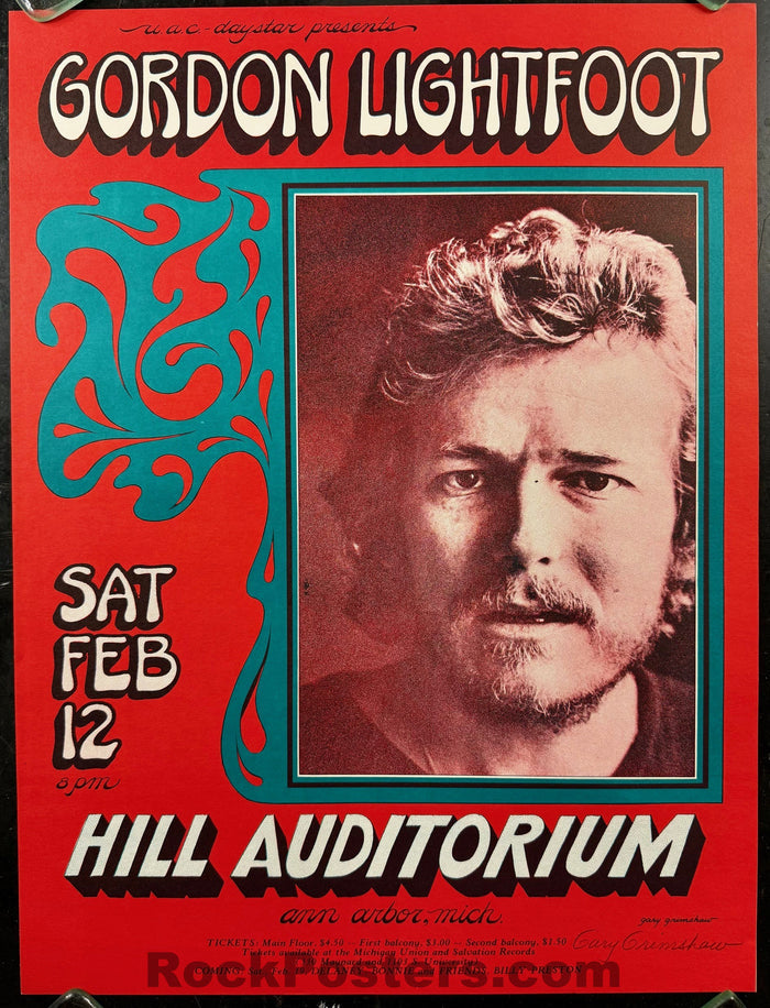 AUCTION - Gordon Lightfoot - Gary Grimshaw  Signed - 1972 Poster - Ann Arbor, MI - Mint