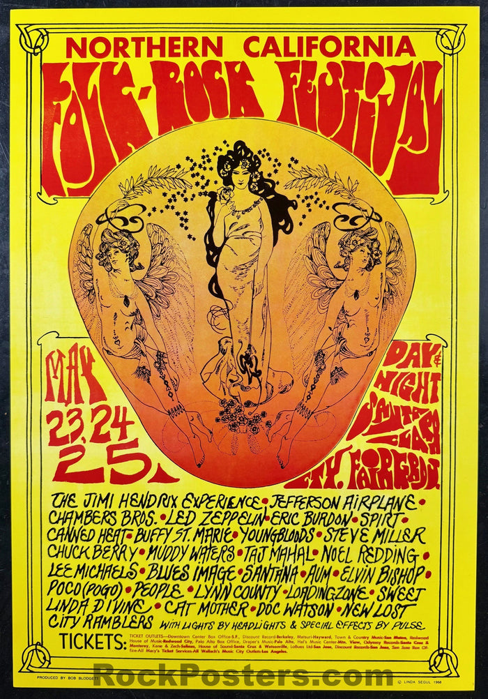 AUCTION - Jimi Hendrix - Led Zeppelin - 1968 Poster - Nor Cal Folk-Rock Festival - Near Mint
