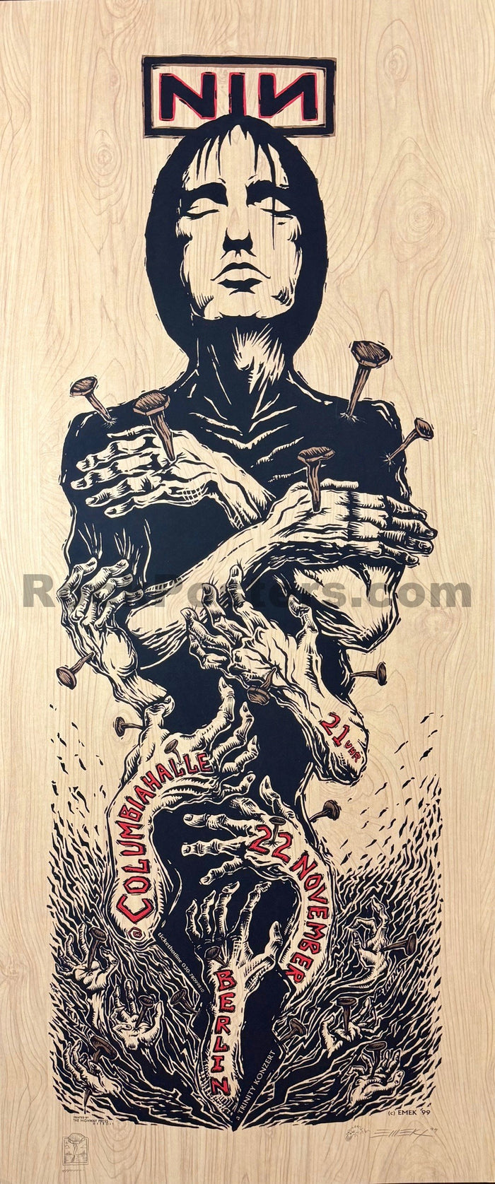 AUCTION - Nine Inch Nails - Berlin '99 Poster - Wood Edition - Emek - Near Mint Minus - SF Rock Posters & Collectibles
