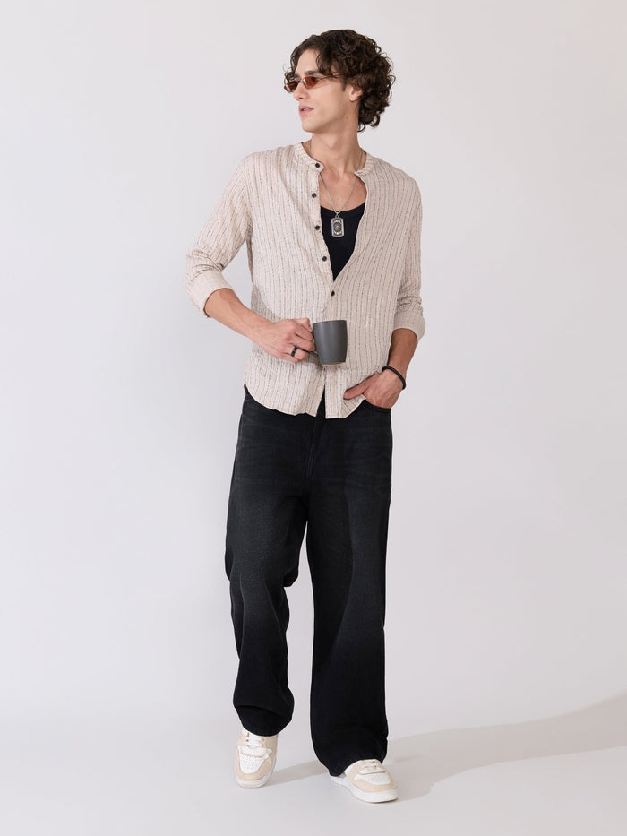 Aumena - Crinkle Pattern Striped Band Neck Shirt - Beige
