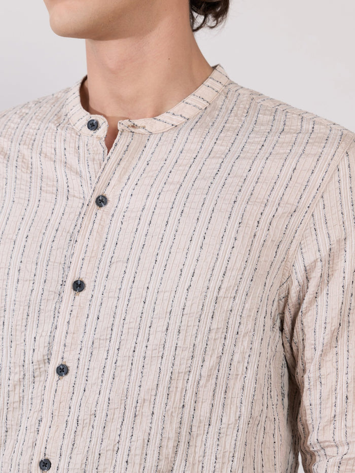 Aumena - Crinkle Pattern Striped Band Neck Shirt - Beige