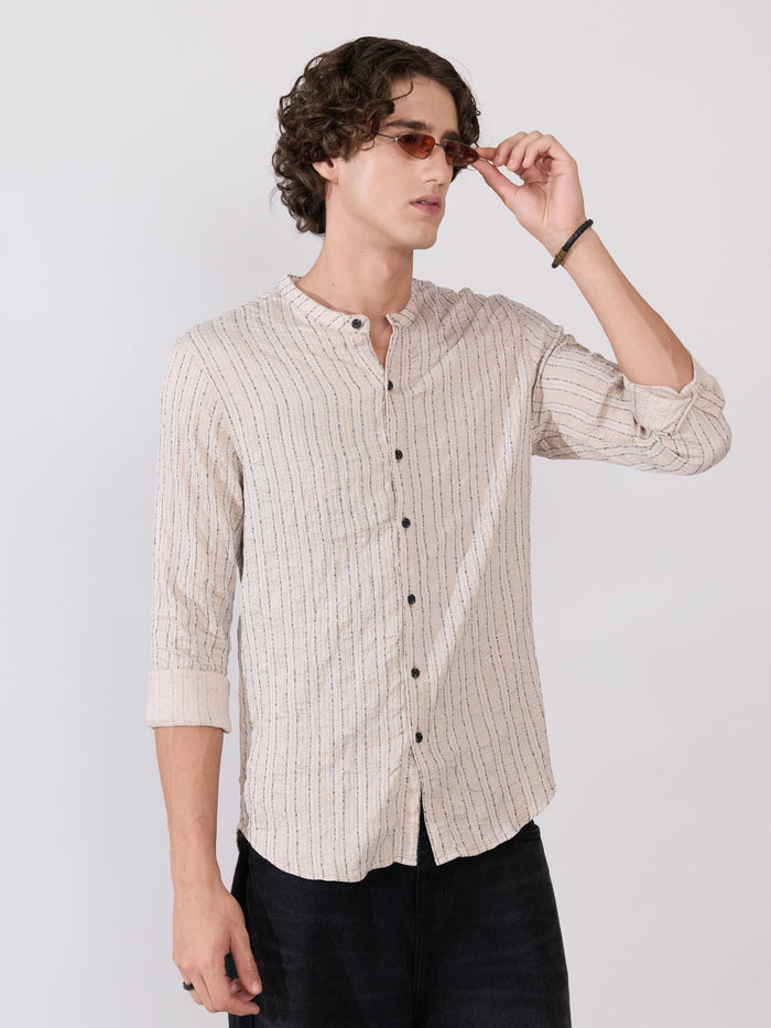 Aumena - Crinkle Pattern Striped Band Neck Shirt - Beige