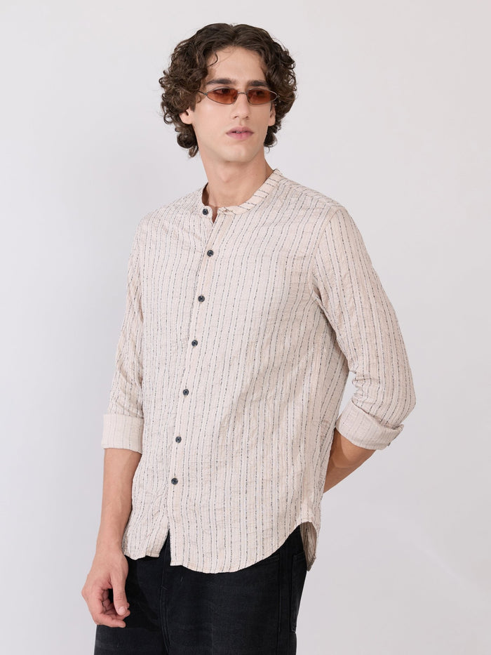 Aumena - Crinkle Pattern Striped Band Neck Shirt - Beige