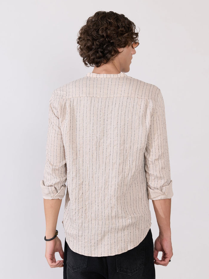 Aumena - Crinkle Pattern Striped Band Neck Shirt - Beige
