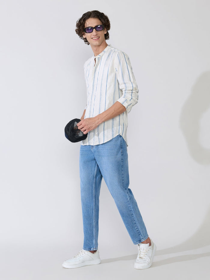 Aumena - Crinkle Pattern Striped Band Neck Shirt - Blue