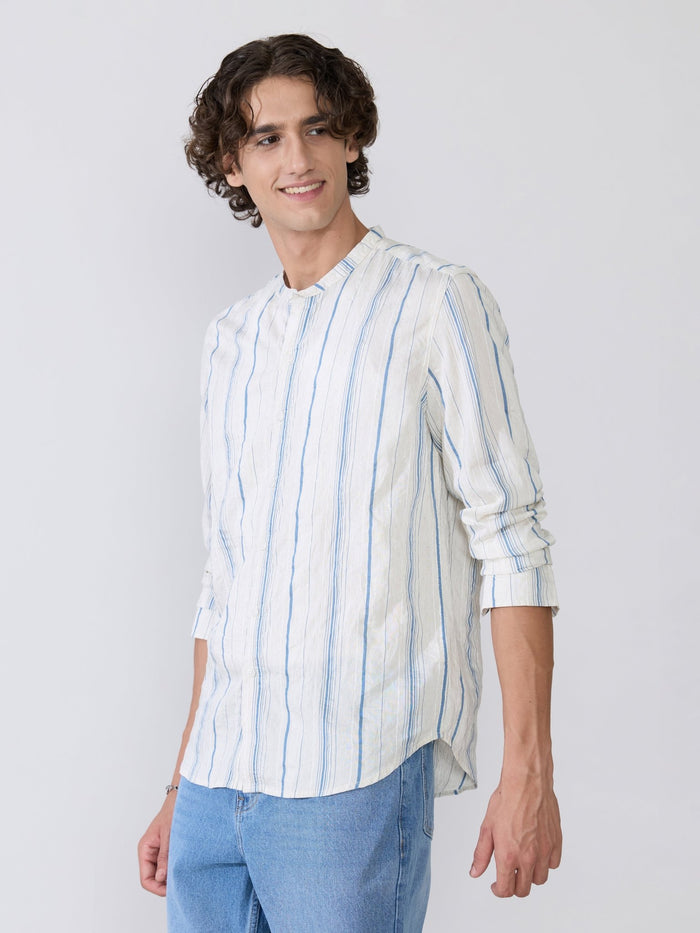 Aumena - Crinkle Pattern Striped Band Neck Shirt - Blue