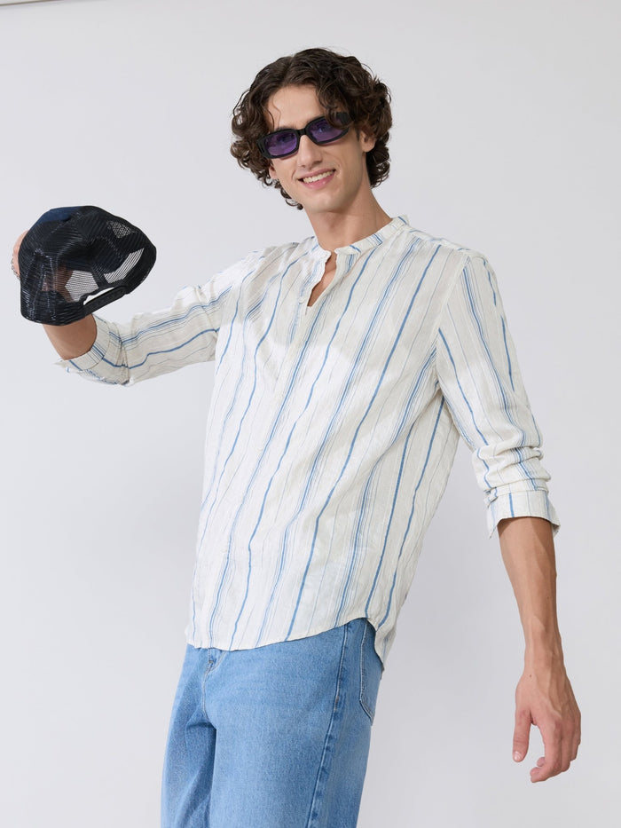 Aumena - Crinkle Pattern Striped Band Neck Shirt - Blue