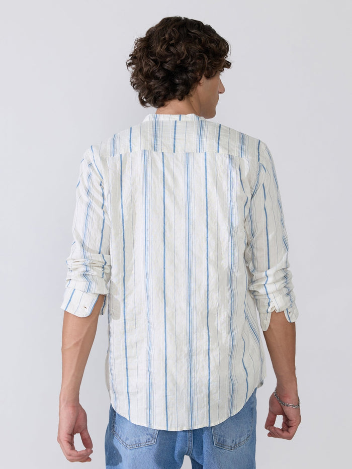 Aumena - Crinkle Pattern Striped Band Neck Shirt - Blue
