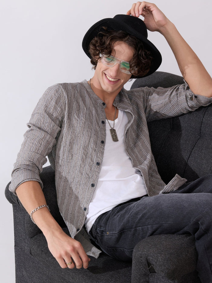 Aumena - Crinkle Pattern Striped Band Neck Shirt - Grey