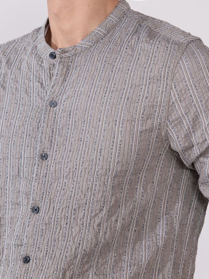Aumena - Crinkle Pattern Striped Band Neck Shirt - Grey