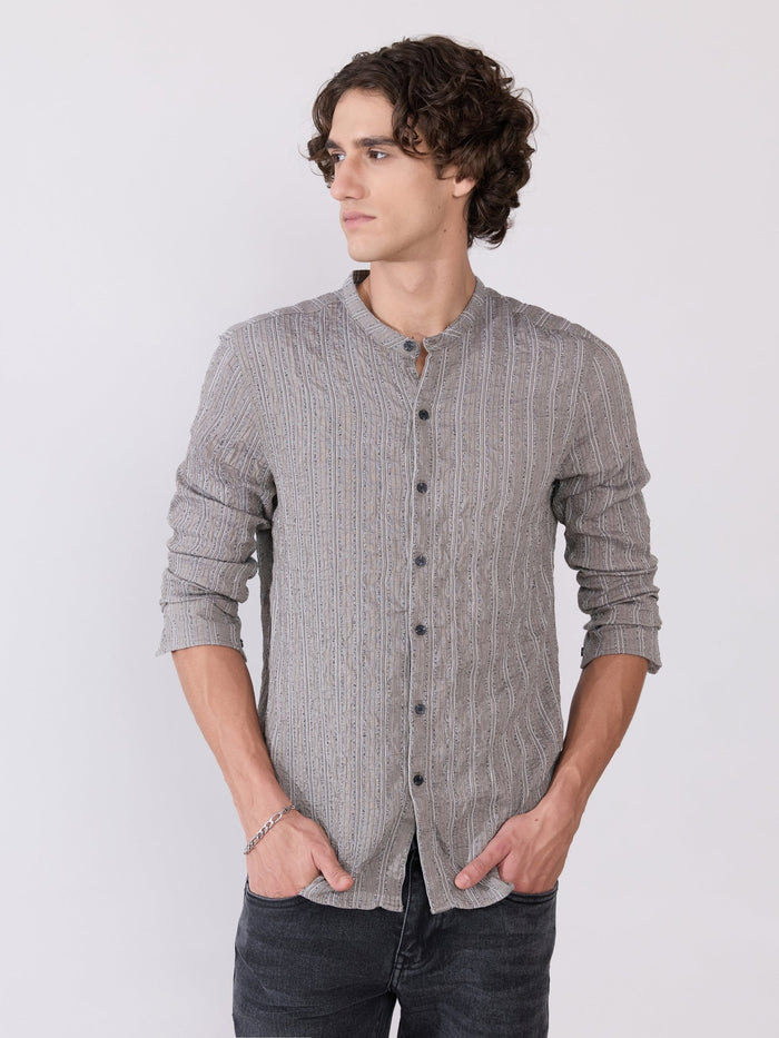 Aumena - Crinkle Pattern Striped Band Neck Shirt - Grey