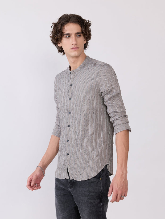 Aumena - Crinkle Pattern Striped Band Neck Shirt - Grey