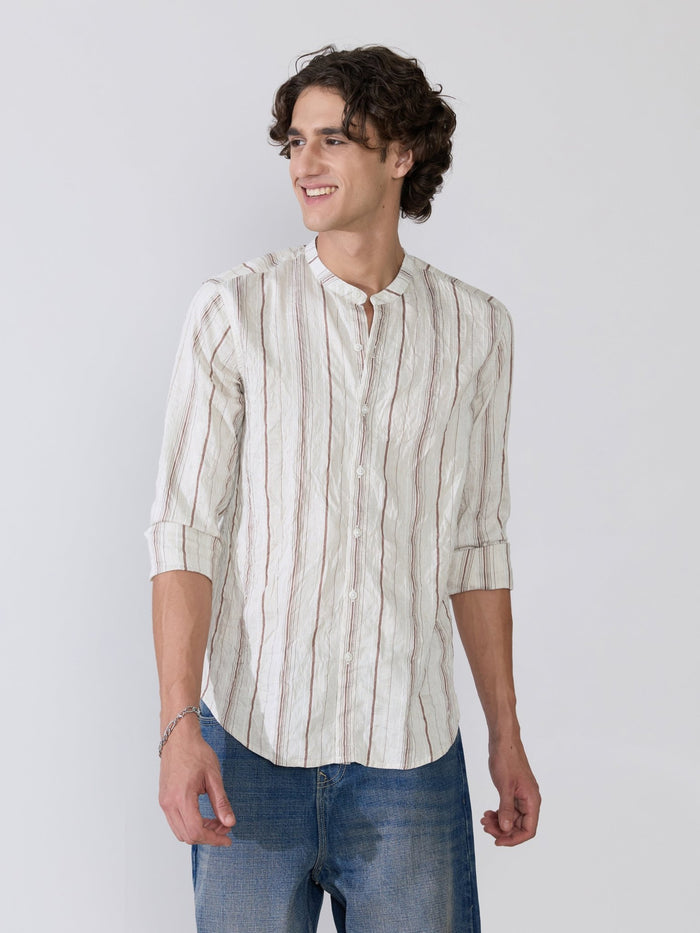 Aumena - Crinkle Pattern Striped Band Neck Shirt - Ivory White