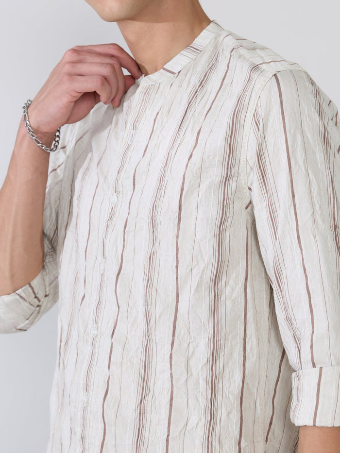 Aumena - Crinkle Pattern Striped Band Neck Shirt - Ivory White