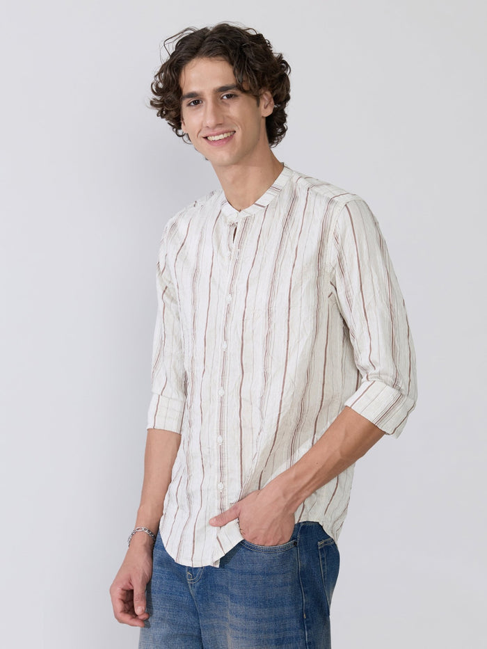 Aumena - Crinkle Pattern Striped Band Neck Shirt - Ivory White