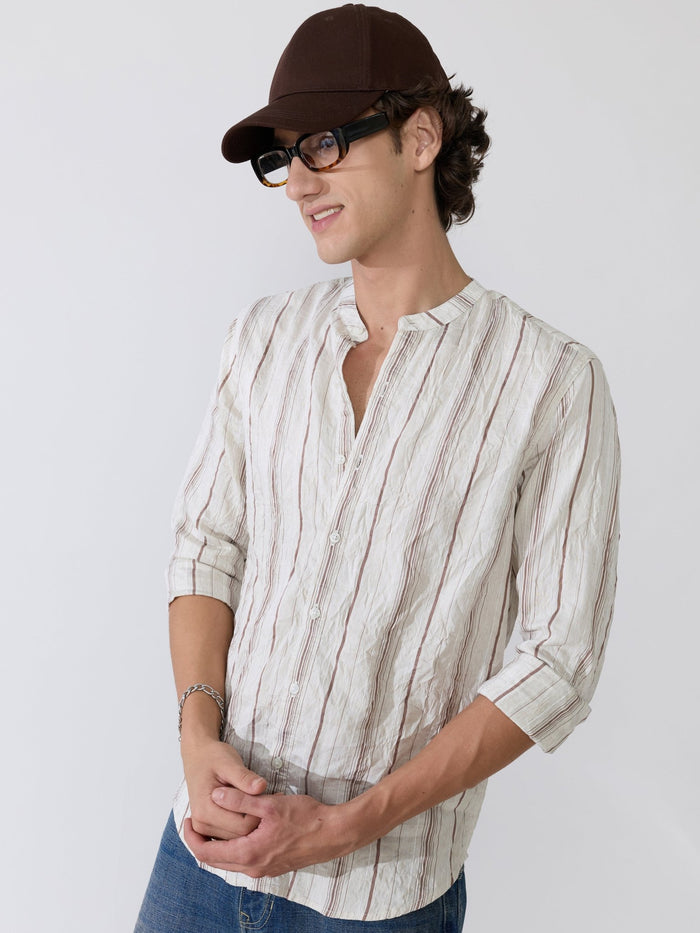 Aumena - Crinkle Pattern Striped Band Neck Shirt - Ivory White