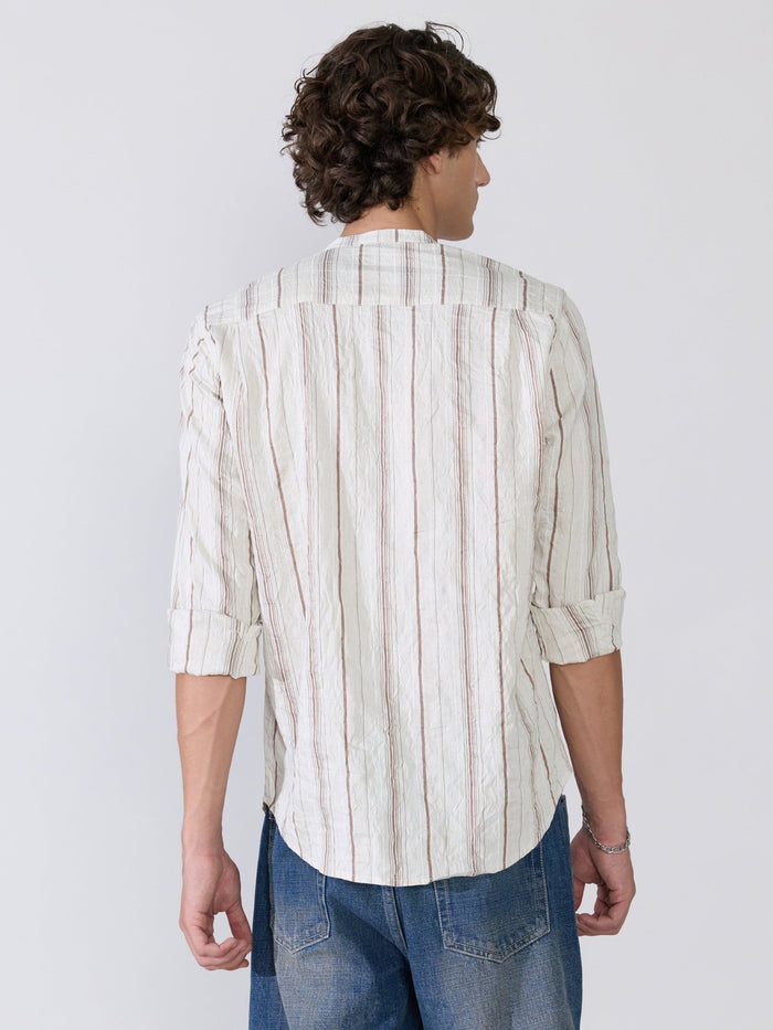 Aumena - Crinkle Pattern Striped Band Neck Shirt - Ivory White