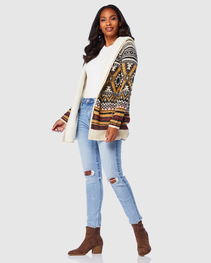 Mustard/Black $|& Woven Heart Tribal Fleece Lined Hooded Cardigan - SOF Front