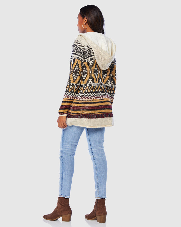 Mustard/Black $|& Woven Heart Tribal Fleece Lined Hooded Cardigan - SOF Back