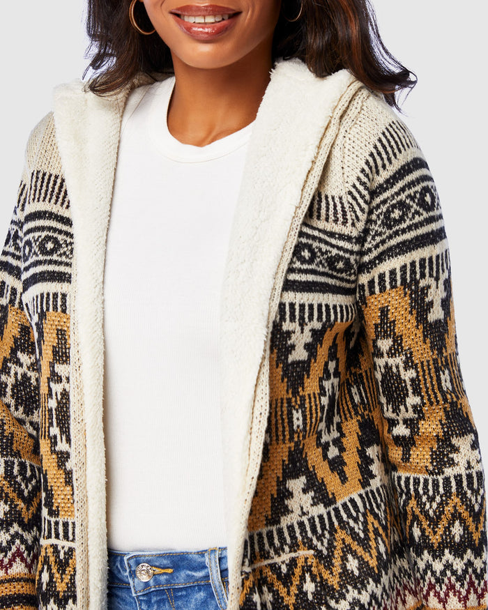 Mustard/Black $|& Woven Heart Tribal Fleece Lined Hooded Cardigan - SOF Detail
