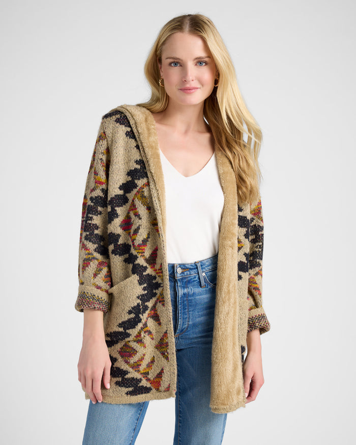 Oatmeal $|& Woven Heart Tribal Fleece Lined Hooded Cardigan - SOF Front