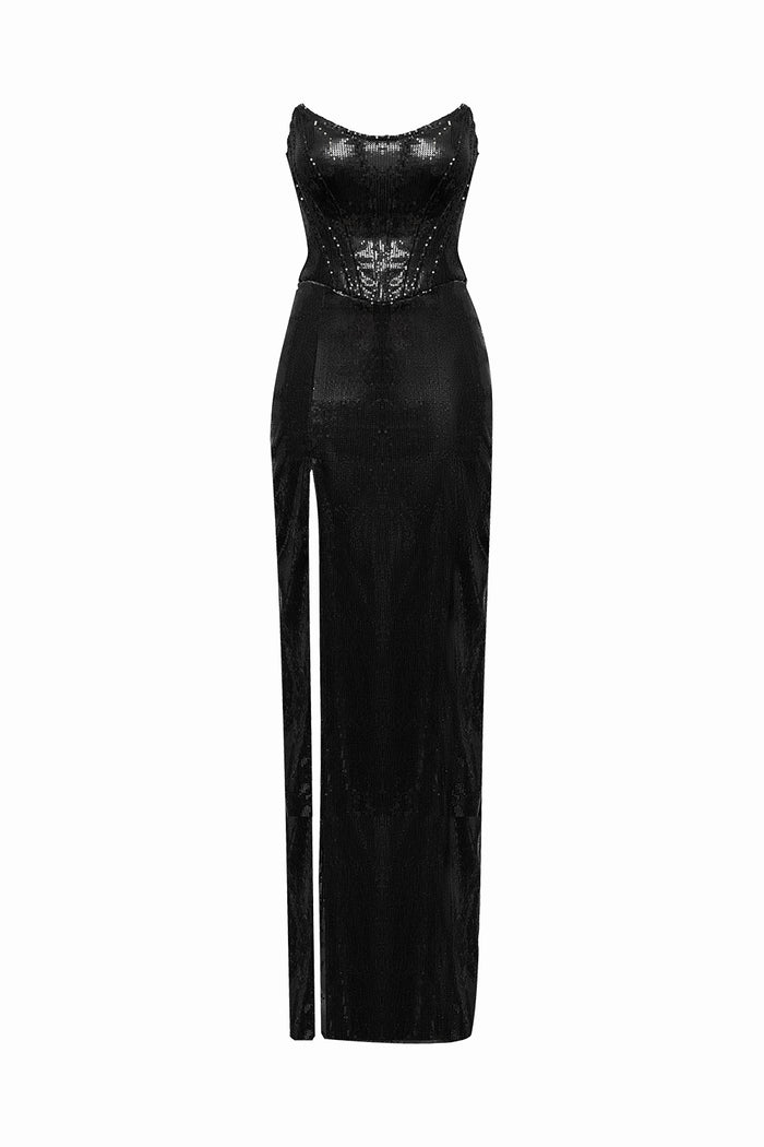 Babylon black sequined long dress with a slit