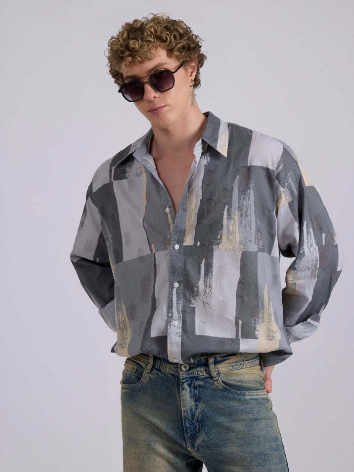 Men's Drop Shoulder Printed Shirt -  grey