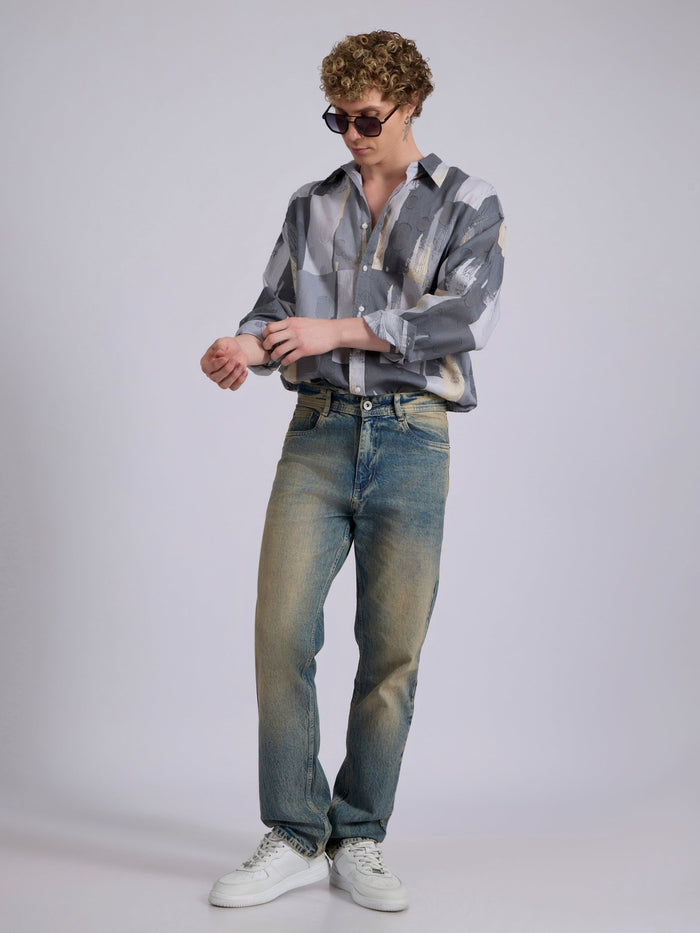 Men's Drop Shoulder Printed Shirt -  grey