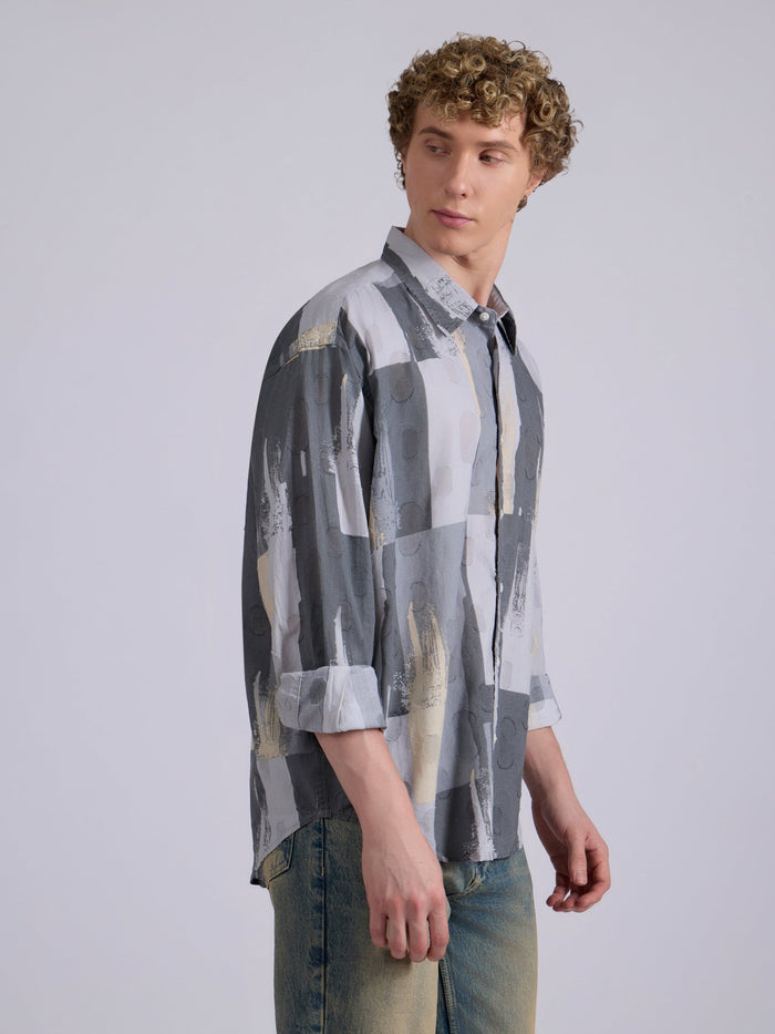 Men's Drop Shoulder Printed Shirt -  grey