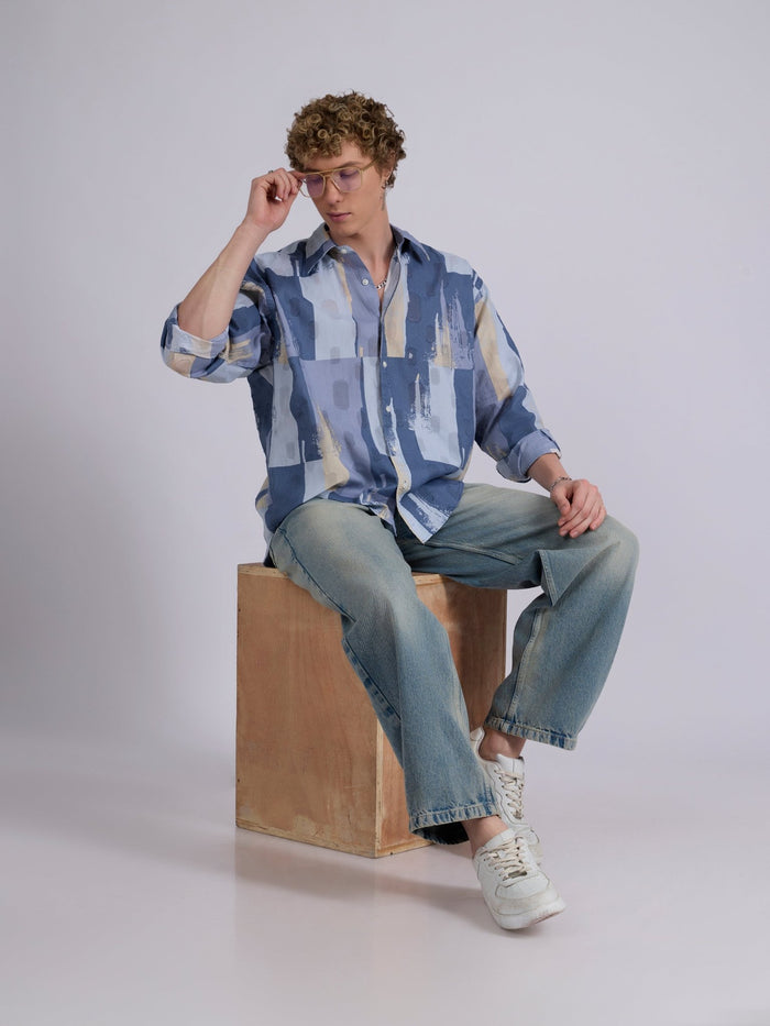 Men's Drop Shoulder Printed Shirt - Slate Blue