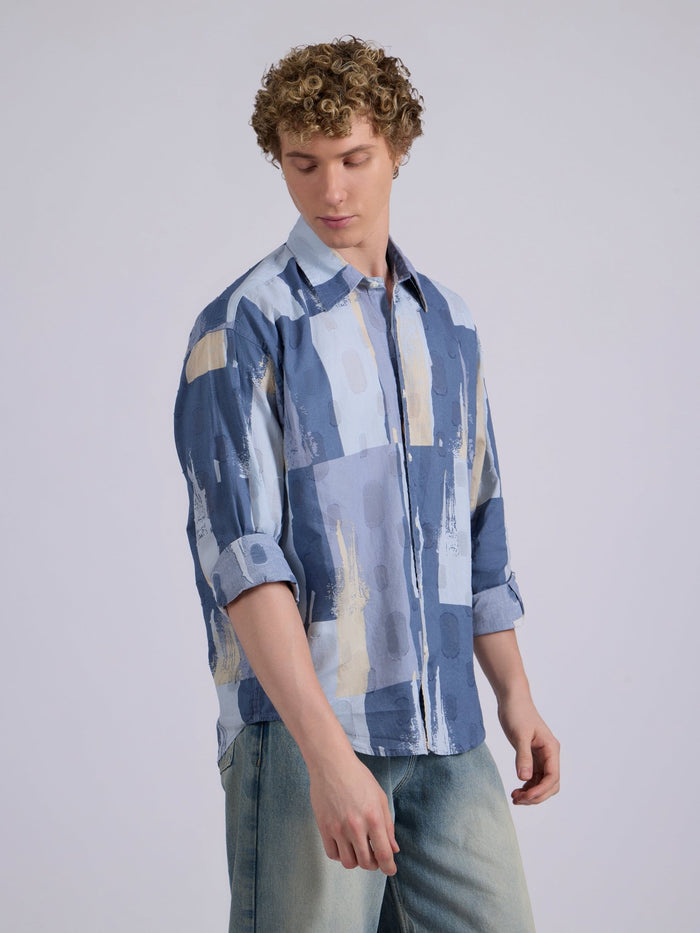 Men's Drop Shoulder Printed Shirt - Slate Blue