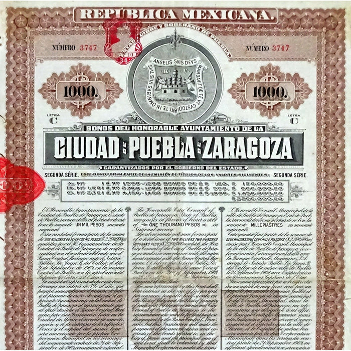 Bonos del Honorable Ayuntamiento de la Ciudad de Puebla de Zaragoza Mexico