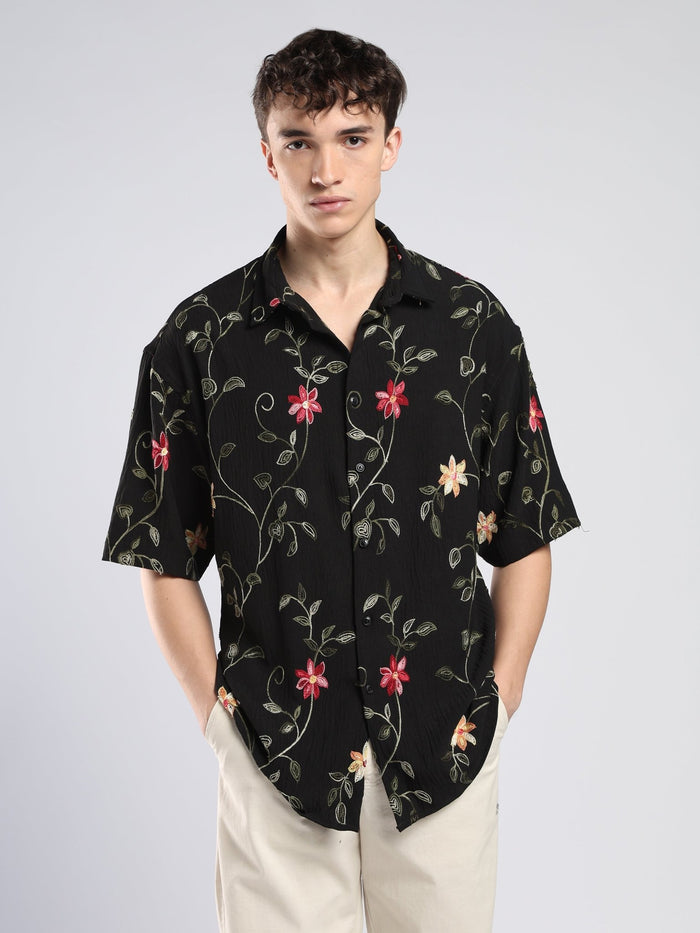 Bopha - Floral Embroidery Half Sleeve Shirt - Black