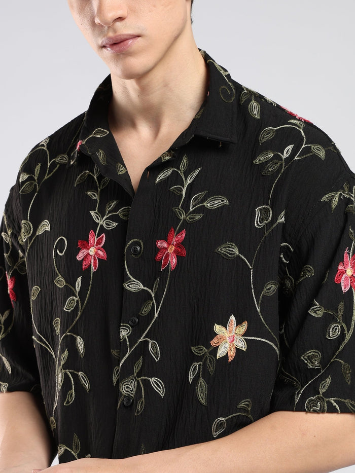 Bopha - Floral Embroidery Half Sleeve Shirt - Black